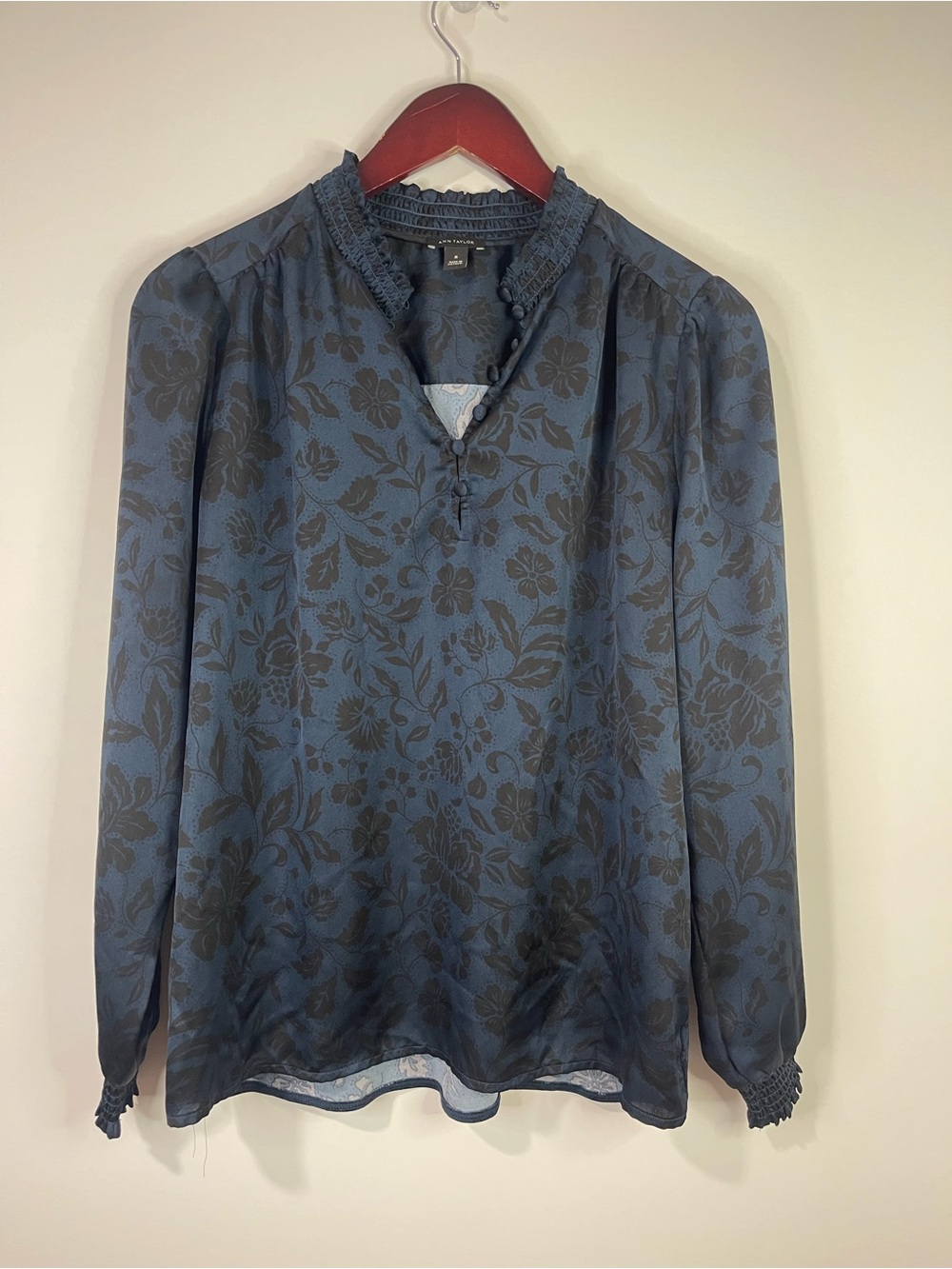 Ann Taylor Navy Floral Jacquard Long Sleeve Blouse